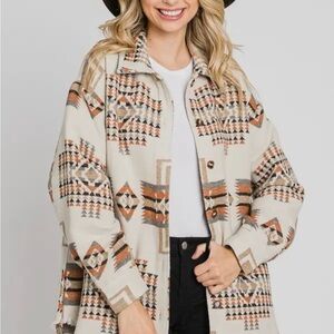 Boho Aztec Print Geometric Patterned Jacket Shacket with Raw Hem Edge Fringe